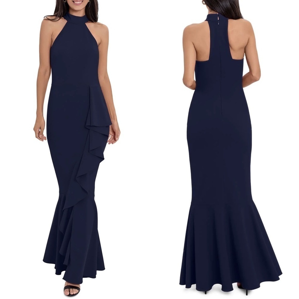 Nwt Betsy & Adam High Neck Ruffle Detail Gown In Navy Sz. 4